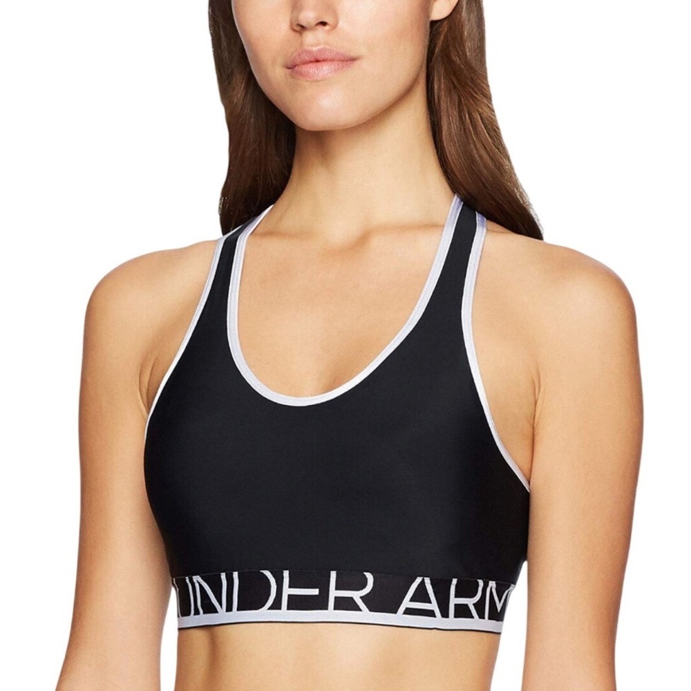 Under Armour Womens‎ Mid Keyhole Sports Bra Black White Logo Band Racerback